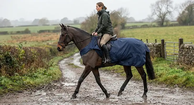 A horse wearing a waterproof exercise sheet while being ridden in wet weather