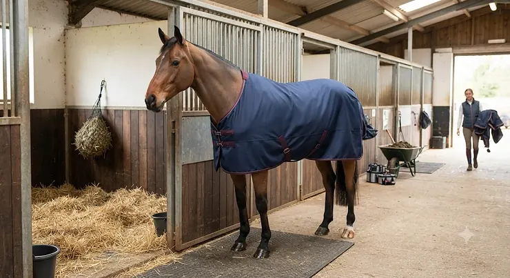 A horse wearing a breathable wicking cooler rug while stabled in a British livery yard