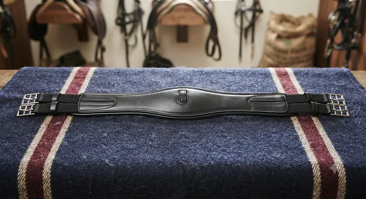 Black leather affordable dressage girth with elastic ends laid flat on a stable rug