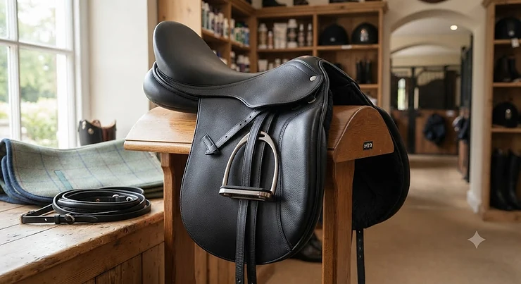 A high-quality black leather dressage saddle available for under £500, suitable for British riders on a budget.