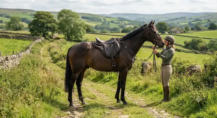 An affordable endurance saddle fitted on a horse, ideal for long hacks across the British countryside.
