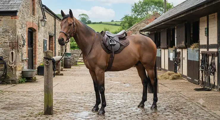 An affordable general purpose saddle fitted on a bay horse in a British stable yard.