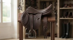 Side view profile of an affordable general purpose saddle suitable for everyday riding and jumping.