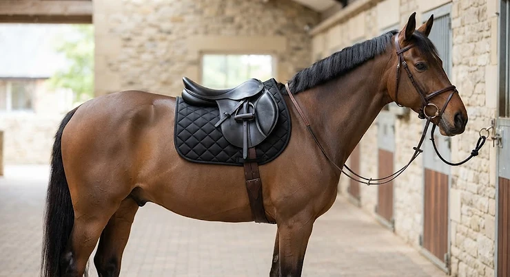 A black quilted affordable GP numnah fitted neatly under an English saddle on a bay horse.