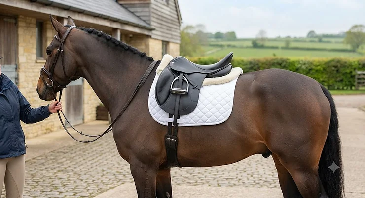 A high-quality affordable half pad fitted under a dressage saddle to provide extra cushioning and comfort for the horse.