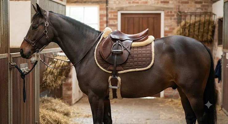 An affordable brown leather numnah with genuine sheepskin lining fitted under an English saddle