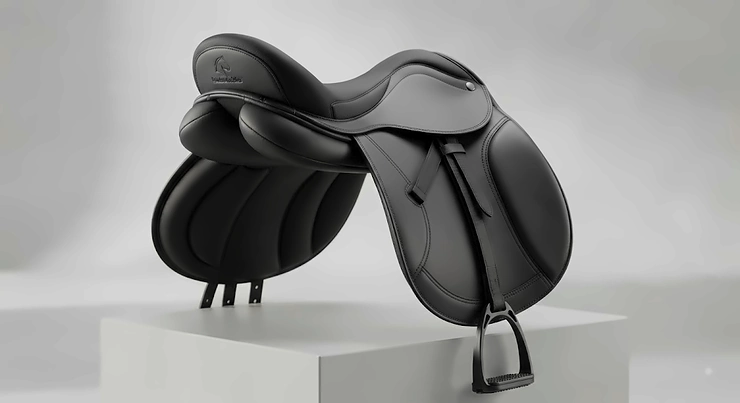 Studio shot of an affordable treeless saddle displaying its sleek black design and padded seat.