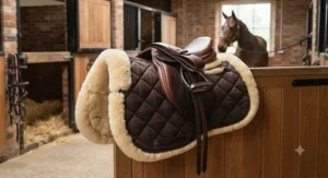 Full-size affordable sheepskin numnah ready for tacking up in a British stable