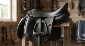 Close-up of a synthetic dressage saddle under £500 showcasing deep seat design and long stirrup bars.