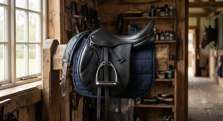 A high-quality black leather jumping saddle under £400 displayed on a wooden stable rack, ideal for British showjumpers.
