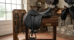 A sleek black leather affordable endurance saddle displayed on a stand in a British tack room.