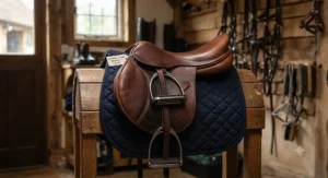 A rich Havana brown leather jumping saddle under £400 positioned on an English saddle stand in a tack room.