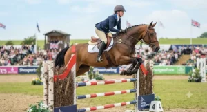 A rider competing over a British Showjumping fence wearing a jacket and using a jumping saddle under £400.