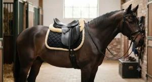 Budget-friendly black dressage sheepskin numnah offering high wither clearance