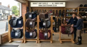 A selection of versatile jumping saddles under £400 showcased in a UK equestrian retail showroom.