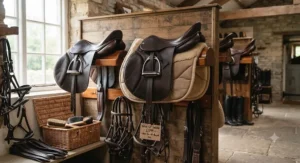 A selection of affordable general purpose saddles displayed in a British tack room.