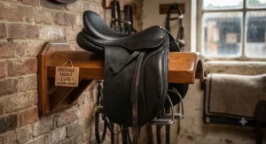 A well-maintained second-hand leather dressage saddle priced under £500 displayed on a wooden saddle rack.