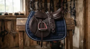 Complete equestrian set featuring a jumping saddle under £400 equipped with safety stirrups and a contoured numnah.