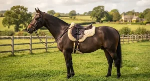 Affordable sheepskin numnah shown from the side on a bay horse in a British paddock