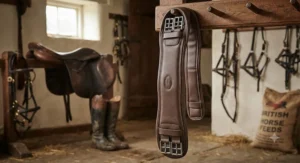 Brown synthetic PVC affordable dressage girth hanging in a British tack room