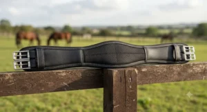 Easy-to-clean black neoprene affordable dressage girth resting on a wooden fence