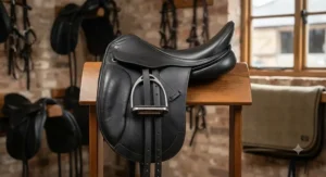 Side profile of an entry-level leather dressage saddle under £500 featuring straight cut flaps for flatwork training.