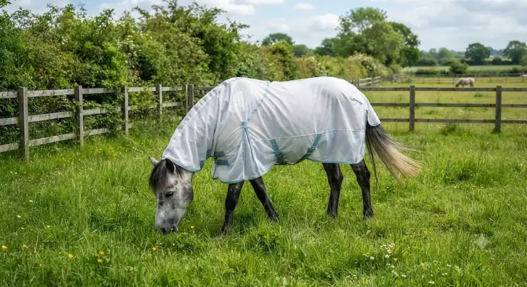 A grey pony wearing a lightweight white pony fly rug grazing peacefully in a lush green British paddock