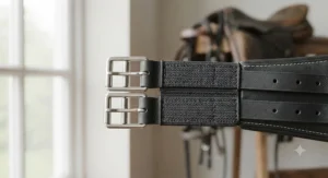 Close-up of stainless steel roller buckles and heavy-duty elastic on an affordable dressage girth