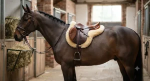 Inexpensive general purpose sheepskin numnah paired with a brown GP saddle