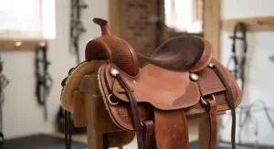 Close-up of a durable leather western saddle, an ideal cost-effective choice under £600 for UK horse riders.