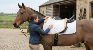 A rider carefully adjusting an affordable half pad on their horse to ensure perfect fit and even pressure distribution.
