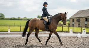 A rider performing flatwork in a dressage arena while sitting comfortably in a dressage saddle under £500.