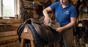 Inspecting the flocking and panel symmetry of a well-maintained pre-owned jumping saddle under £400.