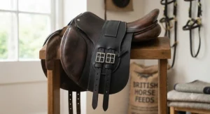 Short-style affordable dressage girth attached to a dressage saddle flap and billets
