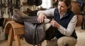 Checking the wool flocked panels of an affordable general purpose saddle during a fitting.