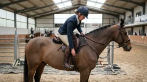 Mounted rider smoothly adjusting the buckle height of affordable stirrup leathers in an indoor arena.