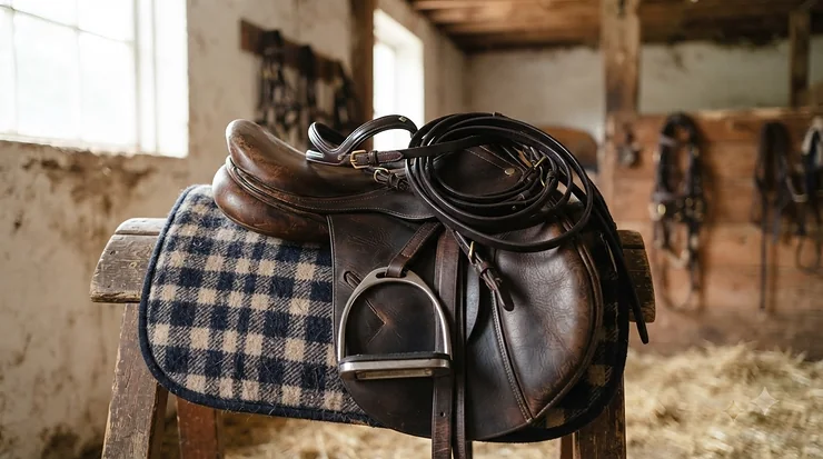 A pair of sleek affordable safety stirrups resting neatly on a saddle at a stable yard in the UK.