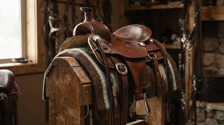 Affordable stainless steel stirrups resting neatly on an English leather saddle in a tack room
