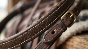 Detailed view of durable, affordable stirrup leathers showing reinforced nylon core construction.