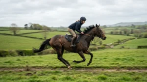 Rider galloping across a cross-country field equipped with sturdy affordable stirrup leathers.