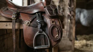 Close-up of affordable stirrup leathers attached to a traditional English riding saddle.