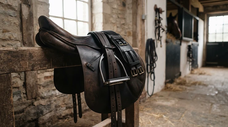 Smooth, covered affordable stirrup leathers wrapped around a dressage saddle flap.