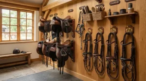 A neat tack room display showing affordable stirrup leathers hanging neatly beside a saddle.