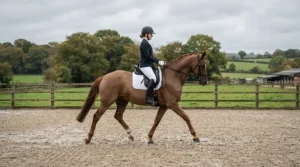 A rider practicing dressage wearing an anatomic bridle for horse comfort in an outdoor equestrian arena.