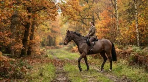 A horse hacking through the countryside wearing a well-fitted anatomic bridle for horse comfort.