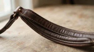 Soft leather padding details on an anatomic bridle for horse comfort designed for daily hacking.
