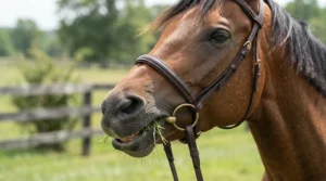 An anatomic bridle for horse comfort highlighting the generous noseband spacing to allow normal jaw movement.