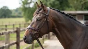 Detailed view of an anatomic bridle for horse comfort featuring a cutaway noseband to prevent nerve pressure.