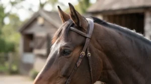 Close-up of an anatomic bridle for horse comfort showing padded headpiece design around the sensitive poll area.