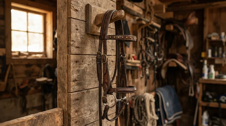 A polished leather anatomic bridle for horse comfort hanging neatly in a traditional tack room.
